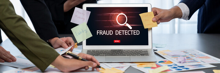 Analyst team use sticky note for creative and analytic brainstorm for business idea with BI data dashboard on laptop screen. Analysis financial data visualization tech for marketing strategy. Prodigy