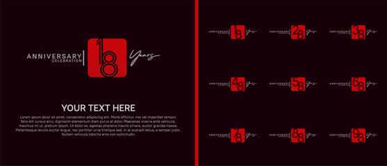 anniversary logo set with square. red and white color on purple background for celebration moment