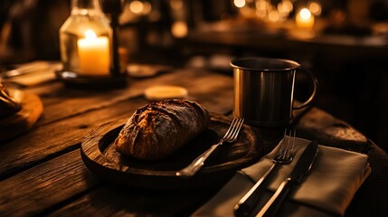 trencher. A wooden trencher with dark bread and a tin cup, cutlery reflecting warm light. menu design, packaging mockups, designed for culinary blogs and recipe cards for restaurants.