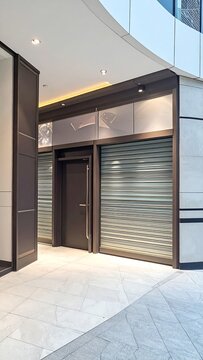 Entrance with closed rolling shutter on a marble floor, framed by modern architecture