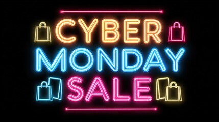 Bright neon sign announcing a "Cyber Monday Sale" with shopping bag icons, conveying excitement for online shopping discounts.