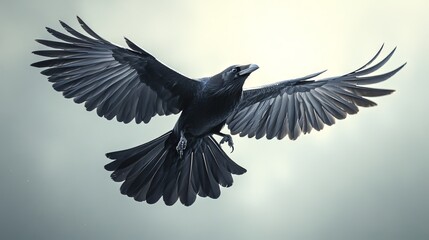 Fototapeta premium 81.Majestic carrion crow mid-flight against a bright spring sky, with sharp details of its black feathers and outstretched talons, sunlight glinting off the edges of its wings.