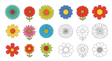 A large collection of colorful retro-style flower illustrations and their corresponding black and white outline versions for coloring.