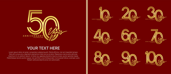 anniversary logo set with handwriting. gold color on red background for celebration moment