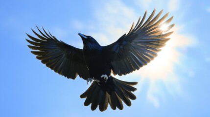 81.Majestic carrion crow mid-flight against a bright spring sky, with sharp details of its black feathers and outstretched talons, sunlight glinting off the edges of its wings.