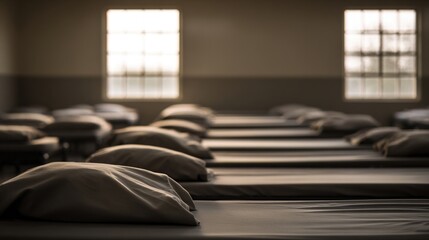 pudica. Military barracks with rows of empty beds in soft morning light. real-estate listings, architecture portfolios, designed for architectural facade and classical detail presentations.