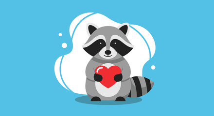 Obraz premium An adorable cartoon raccoon holding a red heart against a simple blue background expressing love and affection for a card.