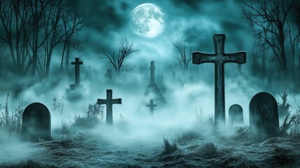 datura. A misty graveyard at midnight with tilted crosses and moonlight filtering through atmospheric fog. ESG reports, sustainability campaigns, designed for environmental awareness campaigns.