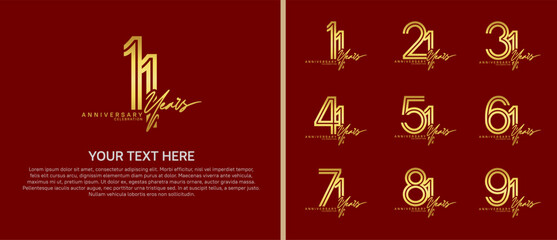 anniversary logo set with handwriting. gold color on red background for celebration moment