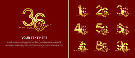 anniversary logo set with handwriting. gold color on red background for celebration moment
