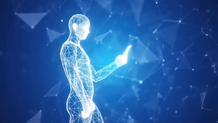 Abstract figure, outlined in light, interacting with a glowing phone.  Dark blue background dotted with geometrical shapes