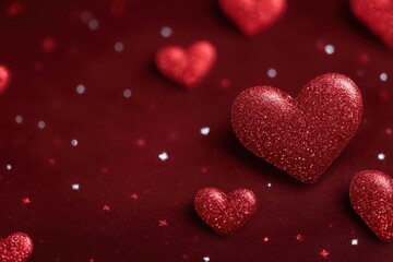 Obraz premium A red background with glittery hearts scattered around it. The hearts are all different sizes and are placed in various positions. Scene is one of love and affection