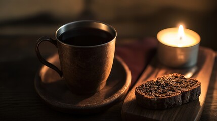 trencher. A wooden trencher with dark bread and a tin cup, cutlery reflecting warm light. menu design, packaging mockups, designed for culinary blogs and recipe cards for restaurants.