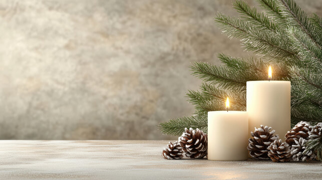 Warm candle glow with frosted pine cones and evergreen branch on wooden table - Powered by Adobe