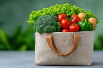 A basket of vegetables including broccoli, tomatoes, and peppers. The basket is brown and has a brown handle