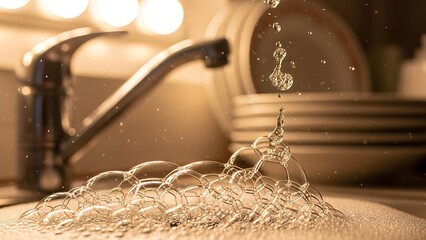 Close-up of Hexagonal Soap Bubbles and Water Droplets in a Kitchen Sink with a Faucet and Stack of Dirty Dishes in a Warm Bokeh Background