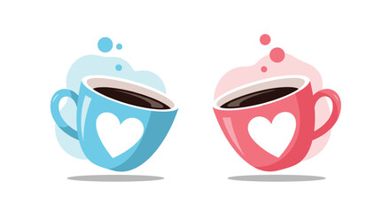 Two cute cartoon coffee cups a blue one and a pink one with white hearts representing love and romance on Valentine's day.