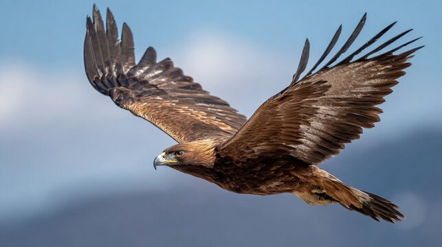 subjugating. Eagle soaring high in clear sky with sharp gaze focused on ground movement. wildlife magazines, conservation campaigns, designed for wildlife conservation campaigns.