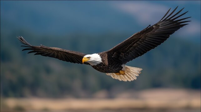 subjugating. Eagle soaring high in clear sky with sharp gaze focused on ground movement. wildlife magazines, conservation campaigns, designed for wildlife conservation campaigns.