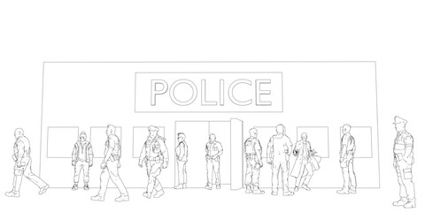 A posed line drawing of uniformed police officers standing in a line, featuring a bold black police sign and clean white background.