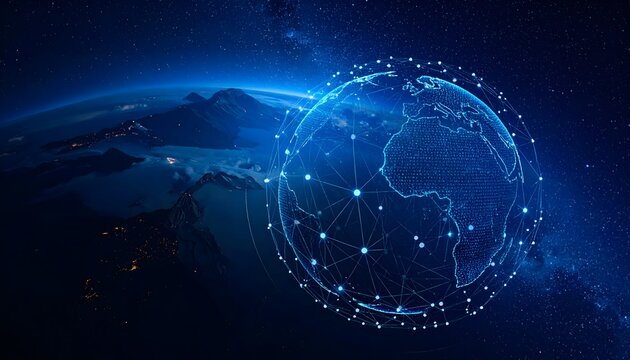 A glowing digital globe surrounded by interconnected network points over Earth, symbolizing global connectivity. - Powered by Adobe