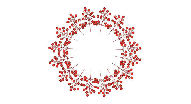 A beautiful and festive circular holiday wreath made from branches of red berries forming a round frame on a white background.