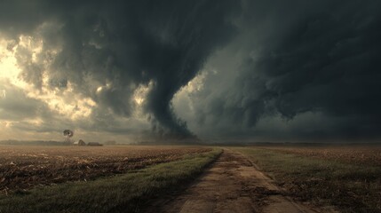 Dramatic tornado forming over rural landscape with dark ominous clouds