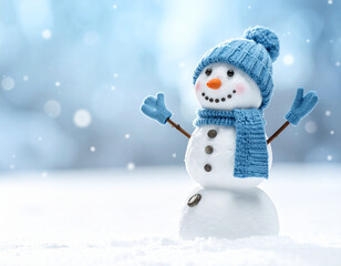 Fototapeta premium Cheerful Snowman in Blue Winter Hat and Scarf, Falling Snowflakes, Soft Bokeh Background.