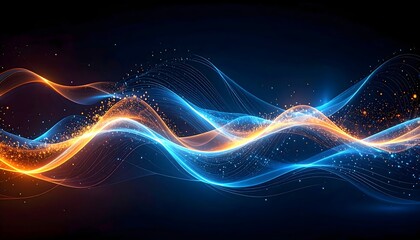Obraz premium Flowing blue and orange light waves intertwined across a dark space, forming a dynamic digital network visual.