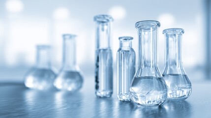 A collection of glass laboratory flasks filled with clear liquid, showcasing a scientific theme in a bright, minimalist setting.