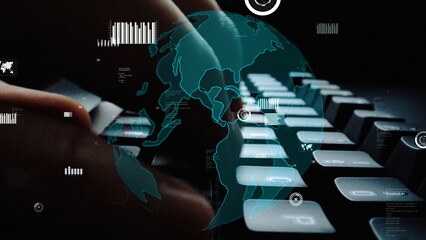 A close-up view of hands typing on a keyboard with a digital world map overlay, symbolizing global communication, innovation, and the importance of technology in modern life. Xenic