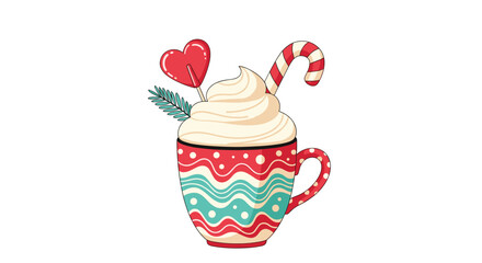 A festive mug of hot chocolate with whipped cream a candy cane and a heart lollipop for a cozy Christmas winter treat.