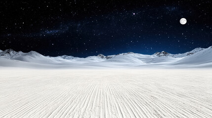 Snowy mountain plain under starry night sky with full moon, serene cold landscape