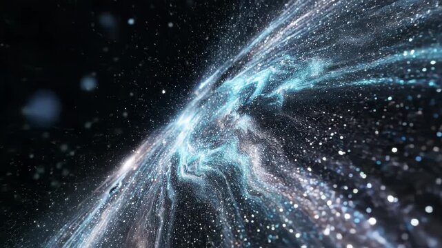 Abstract digital rendering of a blue and white glowing particle stream or nebula flowing through dark outer space with bokeh effect