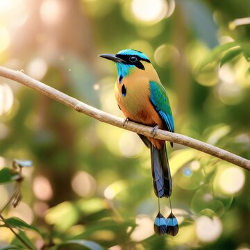 Turquoise-browed Motmot Perched on Tropical Branch