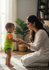 Beautiful Indian Mother Supporting Baby&rsquo;s First Steps Indoors