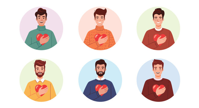 A set of diverse male avatars holding a red heart to their chest to express gratitude love kindness and positive feelings.
