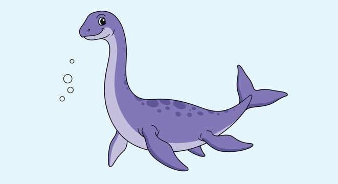 A friendly and cute purple plesiosaur a long-necked marine reptile dinosaur swimming in the water with air bubbles nearby.