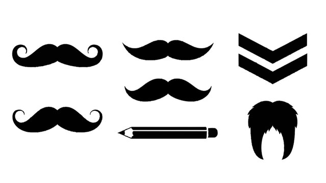 Vector illustration&nbsp;of set of black mustache, chevron, and pencil icons isolated on transparent background