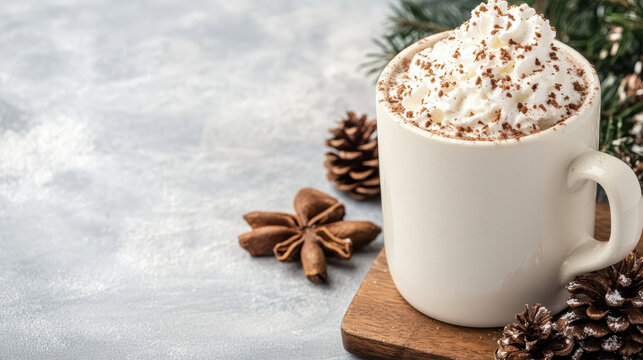 Creamy hot cocoa with whipped cream and spice, cozy winter drink mood