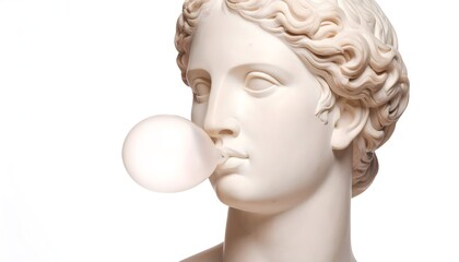 A classical white marble statue depicted humorously blowing a marble-like bubblegum against a clean white background.