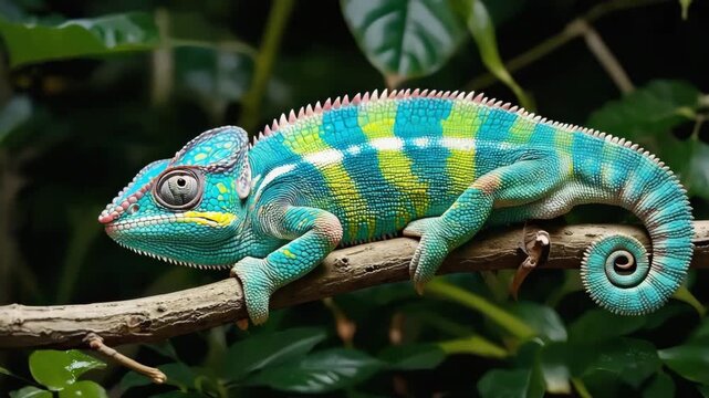 chameleon on a branch and moving her eyes.ai 