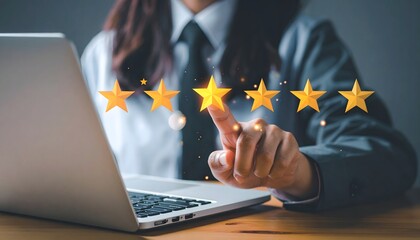 A business professional interacting with a virtual five-star rating interface representing customer feedback and satisfaction.