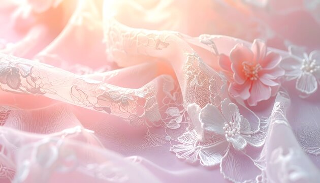Soft translucent lace fabric with intricate floral embroidery gently draped in warm pink light.