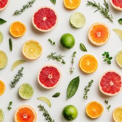 Naklejka premium Sliced citrus fruits, herbs, and leaves, evenly spaced on a white background
