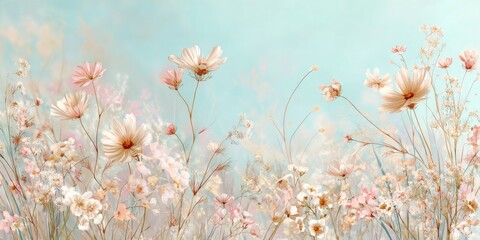 Light, airy floral painting with daisies, pink accents, on blue sky background