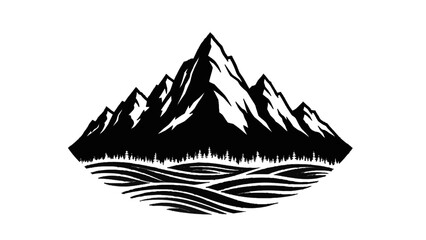 Fototapeta premium Vector illustration&nbsp;of mountain range with forest and water waves logo design isolated on transparent background