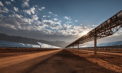 Obraz premium Desert Solar Thermal Power Plant Under Cloudy Sky.Ideal for sustainability, energy, and industrial-themed projects. Great for green tech visuals, desert infrastructure content.