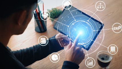 ERP icons show management, integration, and business process. ERP supports data management, ERP...