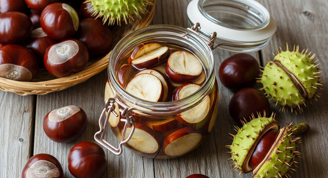 Jar of horse chestnut tincture with fresh chestnuts and spiky shells on a rustic wooden table, natural autumn harvest still life